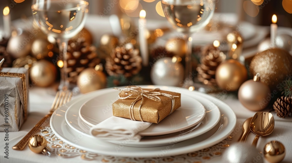 An Elegant Christmas Table Setting Complemented with Beautiful Gold Accents for the Holiday