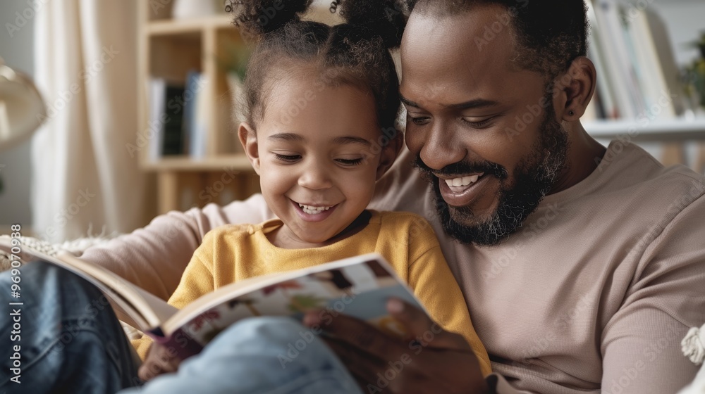 Horizontal view of a dad reading a storybook to his child, both immersed in the story. Horizontal view of a dad reading a storybook to his child, both immersed in the story.