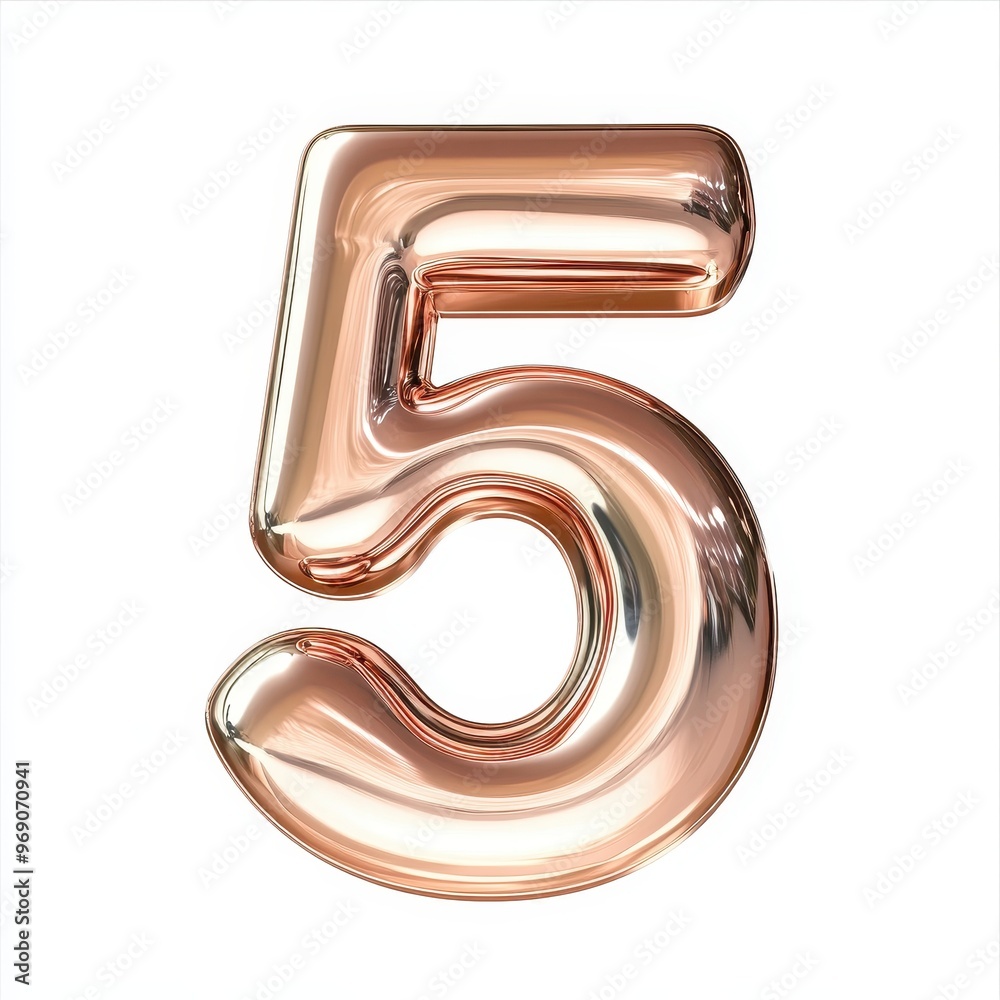 A shiny, rose gold number 5 in a three-dimensional style. A shiny, rose gold number 5 in a three-dimensional style.