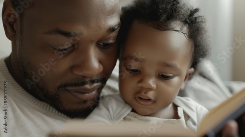 Horizontal portrait of a father and child quietly reading a book together at home.