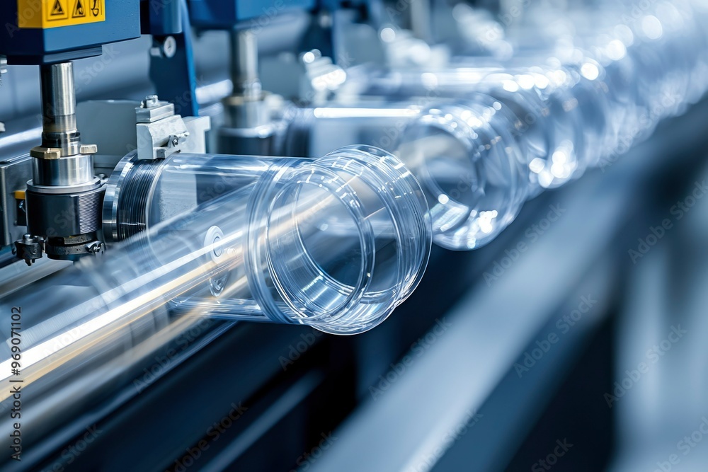 Close-up of a Production Line Manufacturing Clear Plastic Containers Close-up of a Production Line Manufacturing Clear Plastic Containers