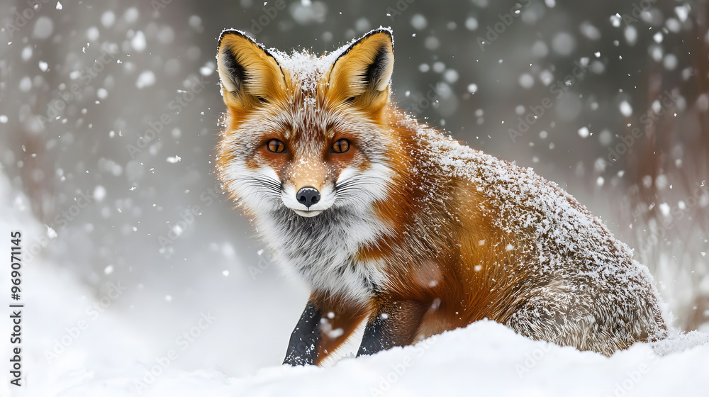 Fototapeta premium Detailed Close-Up of a Vibrant Red Fox in a Snowy Landscape, Showcasing Its Beautiful Fur Against the White Snow and Capturing Its Lively Eyes and Alert Posture in High Resolution
