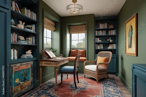 3D Visualization of a Cozy Reading Nook with a Vintage Desk, Woven Armchair, and Artistic Furnishings in an Elevated Space for Learning