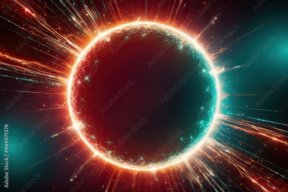 Fototapeta premium Vibrant Luminescent Circle with Shimmering Bursts in Crimson, Teal, and Orange Energy Backdrop