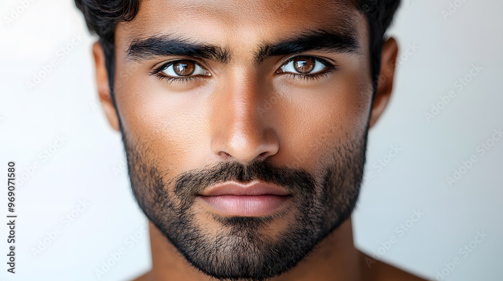 Obraz premium Close-up portrait of a handsome man with a beard and intense gaze, natural beauty and skincare concept 