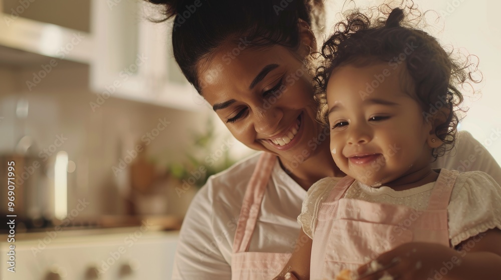 Horizontal view of a mother and child baking together, their aprons and friendly expressions highlighting the essence of family.