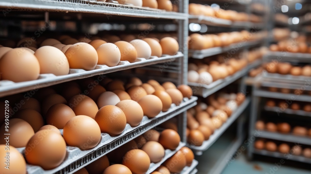 Rows of Fresh Eggs in a Modern Egg Farming Facility, Emphasizing Biosecurity and Controlled Access Rows of Fresh Eggs in a Modern Egg Farming Facility, Emphasizing Biosecurity and Controlled Access