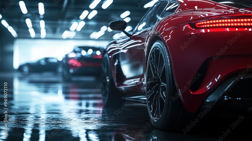 Obraz premium Red Sports Car in a Garage, Featuring Sleek Design, Powerful Tail Lights, and a Shiny Finish, Perfect for Automotive Advertising and Branding.