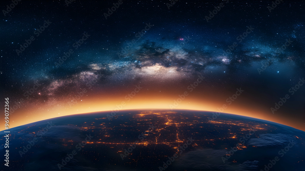 Fototapeta premium Stunning view of stars and the Milky Way above Earth at night, illustrating the beauty of space and city lights illustation