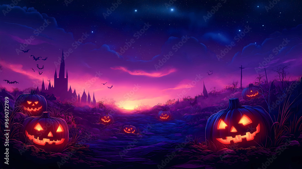halloween pumpkins and bat in the night, cursed or hauntedcastle background, autumn wallpaper