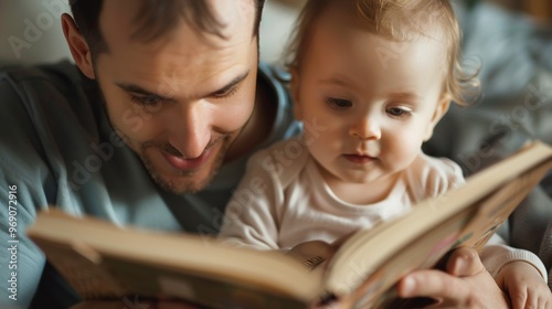 Fatherhood depicted in a tender moment of reading with a child on his lap.