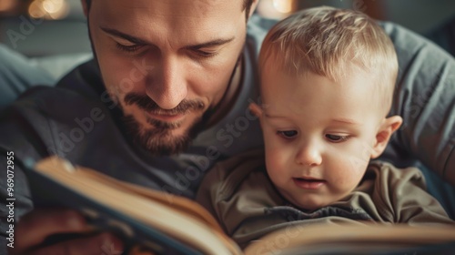 A gentle moment of fatherhood as a father reads to his child, both sharing the joy of learning. photo