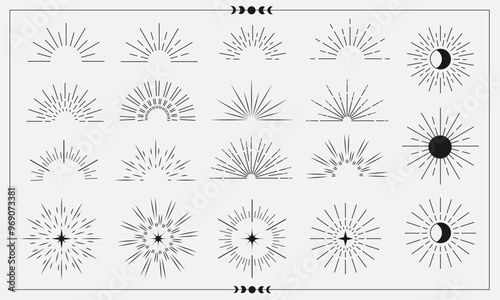 Sunburst icon collection. Radial rays. Light burst line shine sunshine sunbeam vintage border symbol