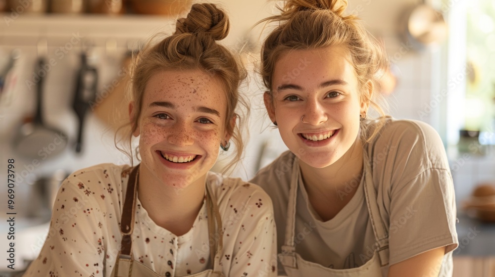 Horizontal portrait of a mother and child joyfully baking together in a charming, rustic kitchen.
