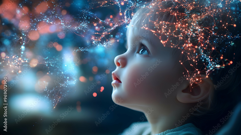 A visualization of a child's brain activity, highlighting neural connections and illustrating psychological development. A visualization of a child's brain activity, highlighting neural connections and illustrating psychological development.