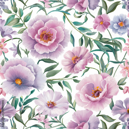 A beautifully painted floral pattern. It features a variety of flowers in shades of pink, purple, and blue, accompanied by green leaves andstems.