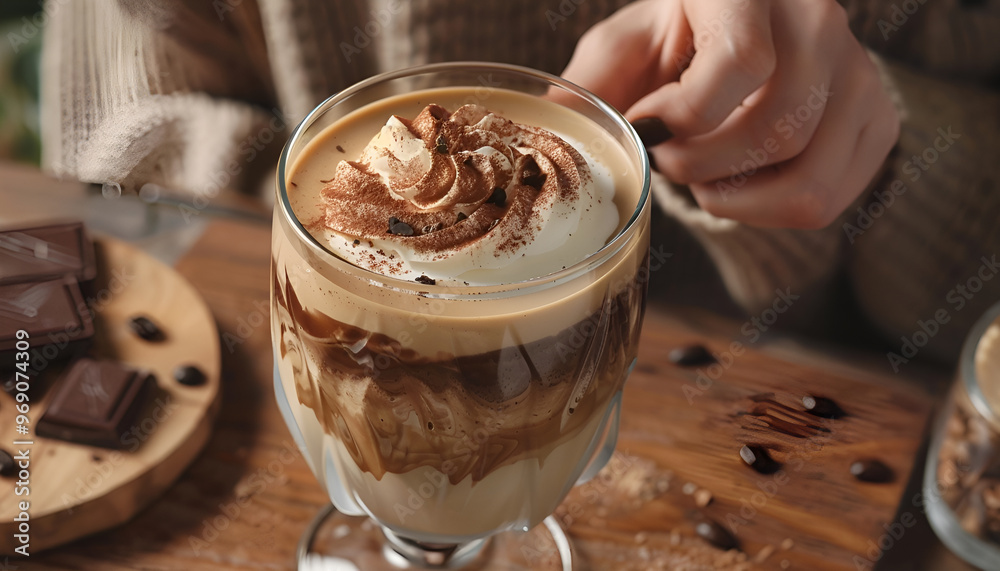 Woman taking glass of delicious dalgona coffee with chocolate from wooden table, closeup Woman taking glass of delicious dalgona coffee with chocolate from wooden table, closeup