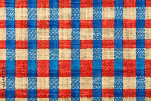 "Woven textile with alternating squares of bright blue and white, each containing small red checks, on a warm beige background."