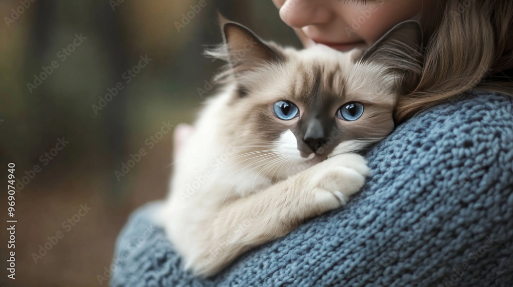 Close-up of a young woman holding a cat in her arms. The cat is looking at the camera. Close-up of a young woman holding a cat in her arms. The cat is looking at the camera.