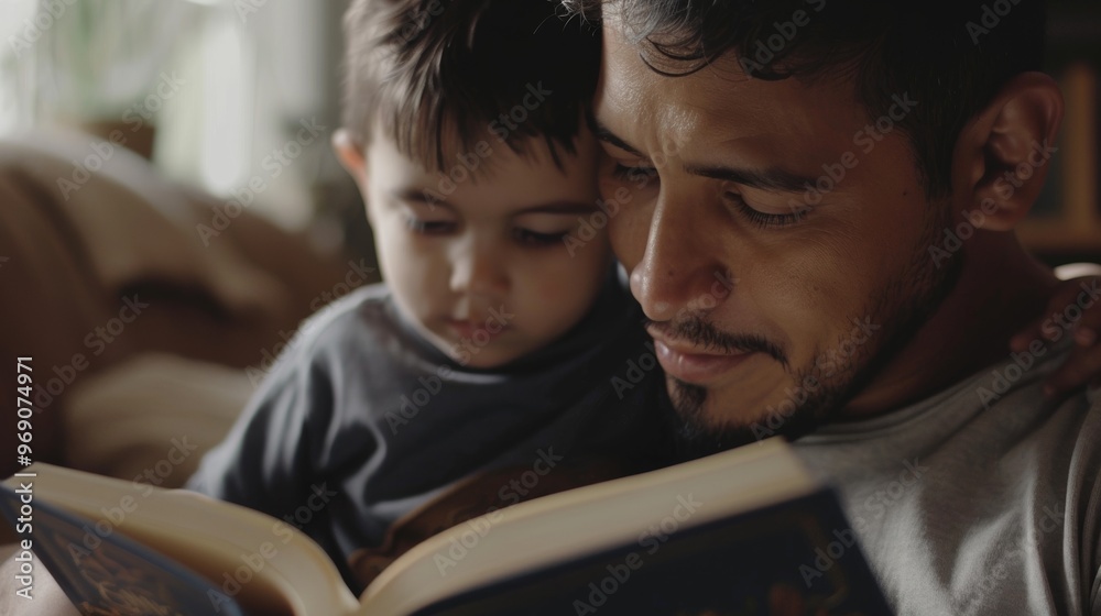 Closeup of a father holding a book while his child listens attentively on his lap. Closeup of a father holding a book while his child listens attentively on his lap.