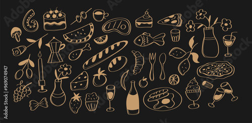 Set of hand drawing outline italian food. Sketch style party wedding and picnic icons. Doodle pizza, wine and fruits for menu