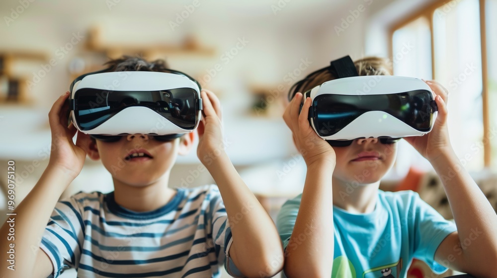 Two pupils share a virtual reality adventure, both wearing headsets and smiling in their bright, modern home. Two pupils share a virtual reality adventure, both wearing headsets and smiling in their bright, modern home.