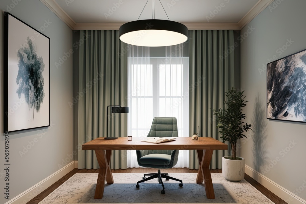 Fototapeta premium Elegant 3D Workspace Featuring Elm Writing Table and Plush Chair in Calming Overhead Light