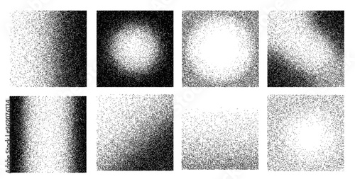 Gradient noise grain textures. Black dotted grainy abstract square shapes with faded gradation of noise grain, grunge dotwork or stipple effect. Dotted halftone geometric figures