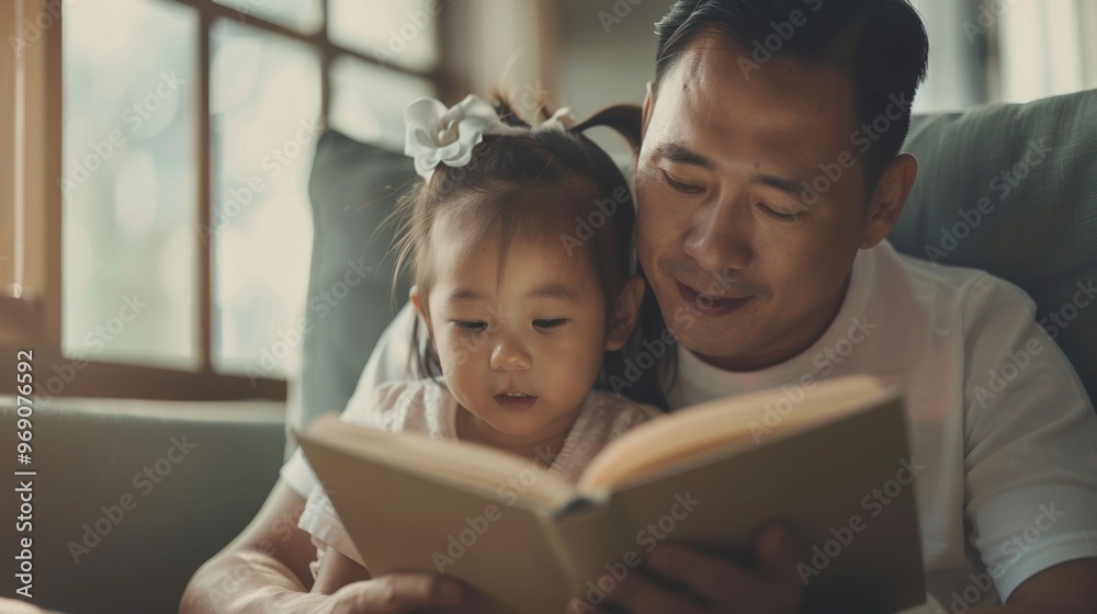 A father holds his child while reading a book, both deeply engaged in the story. A father holds his child while reading a book, both deeply engaged in the story.