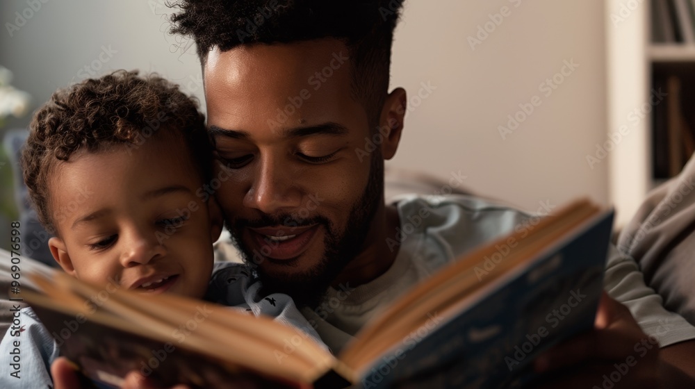 Closeup of a father holding a book while his child listens attentively on his lap. Closeup of a father holding a book while his child listens attentively on his lap.