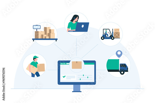 Warehouse Inventory Control System and Technology. Illustration highlighting advanced systems for inventory management, tracking, and logistics.  Illustration