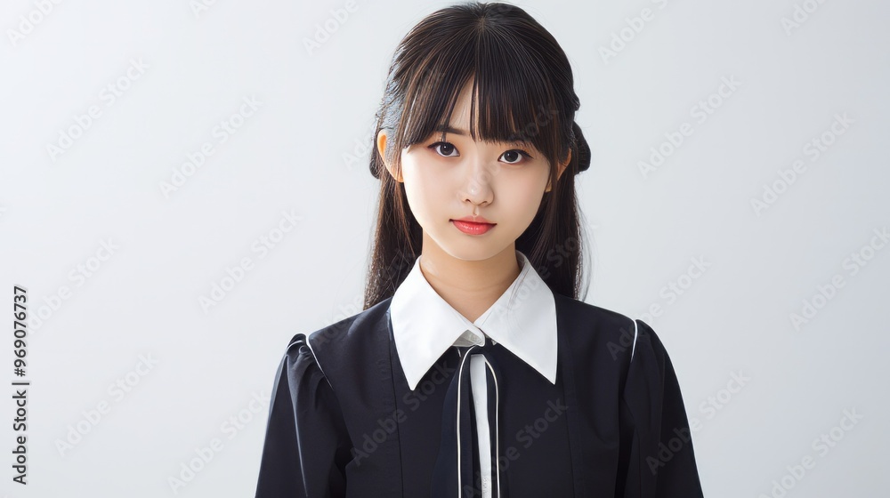 Happy pretty Asian student girl in school uniform. Neural network ai generated art Happy pretty Asian student girl in school uniform. Neural network ai generated art