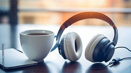A coffee cup, notepad, and headphones on a cozy desk,