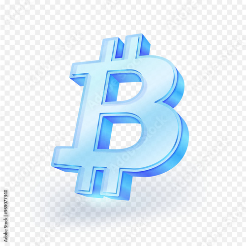 3D Bitcoin icon in transparent blue glass shape, isolated on white background. Vector illustration.