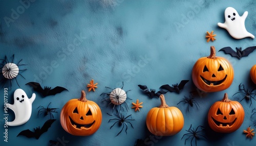 Halloween elements pumpkins, bats, ghosts, spiders on a bright background, with space for text, top view