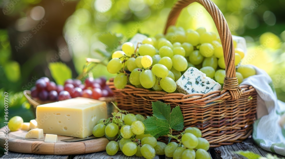Delicious picnic lunch with grapes and cheese in a wicker basket on a wooden table Delicious picnic lunch with grapes and cheese in a wicker basket on a wooden table