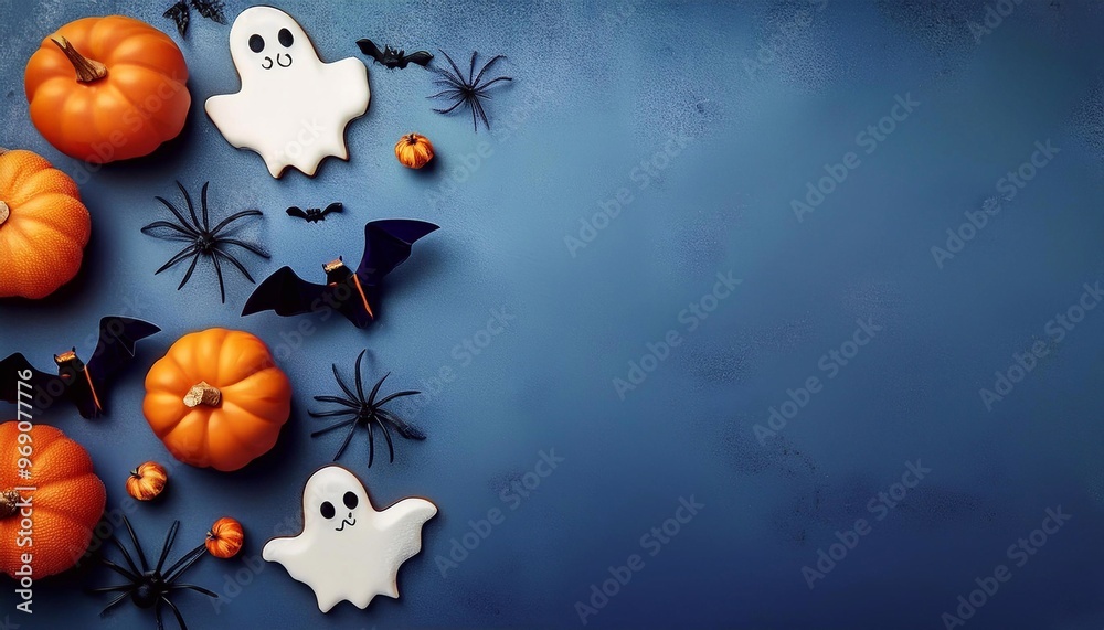 Halloween elements pumpkins, bats, ghosts, spiders on a bright background, with space for text, top view Halloween elements pumpkins, bats, ghosts, spiders on a bright background, with space for text, top view