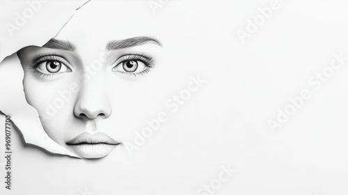 Discover a digitally altered pencil sketch of a woman's face, showcasing expressive eyes. Ideal for conceptual text and advertisements, this image offers versatile creative potential.