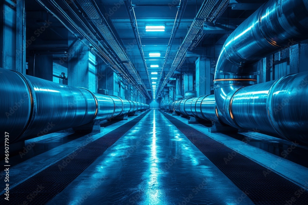 Fototapeta premium Industrial Corridor with Metallic Pipes and Blue Lighting