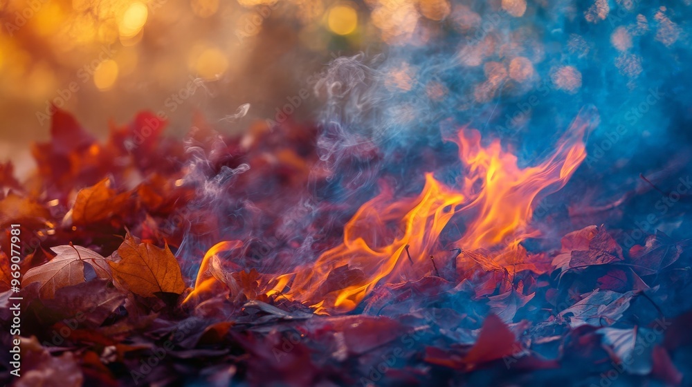 A striking image of a fire burning through a pile of autumn leaves. The bright flames A striking image of a fire burning through a pile of autumn leaves. The bright flames