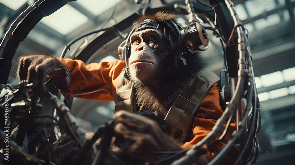 A cybernetic monkey showcasing acrobatic skills in a virtual jungle gym A cybernetic monkey showcasing acrobatic skills in a virtual jungle gym