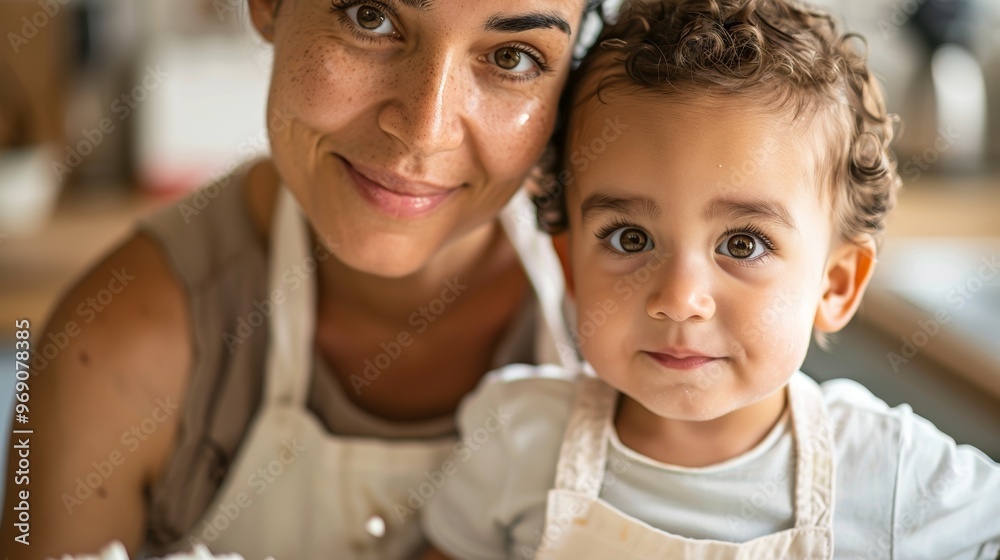 Mother and child, dressed in aprons, bond over baking in a cozy kitchen, showcasing their close relationship. Mother and child, dressed in aprons, bond over baking in a cozy kitchen, showcasing their close relationship.