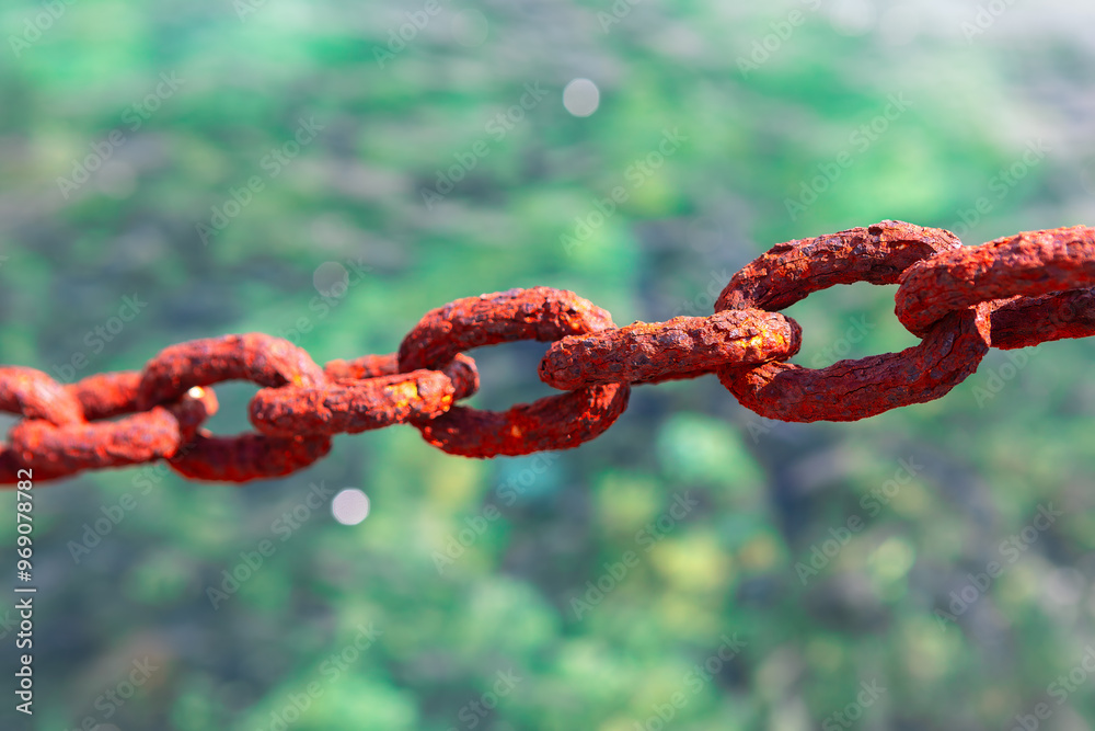 Rusty chain against a vibrant green background, juxtaposition of industrial decay and natural beauty