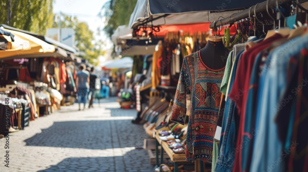 Naklejka premium Outdoor market with vendors selling clothing and accessories