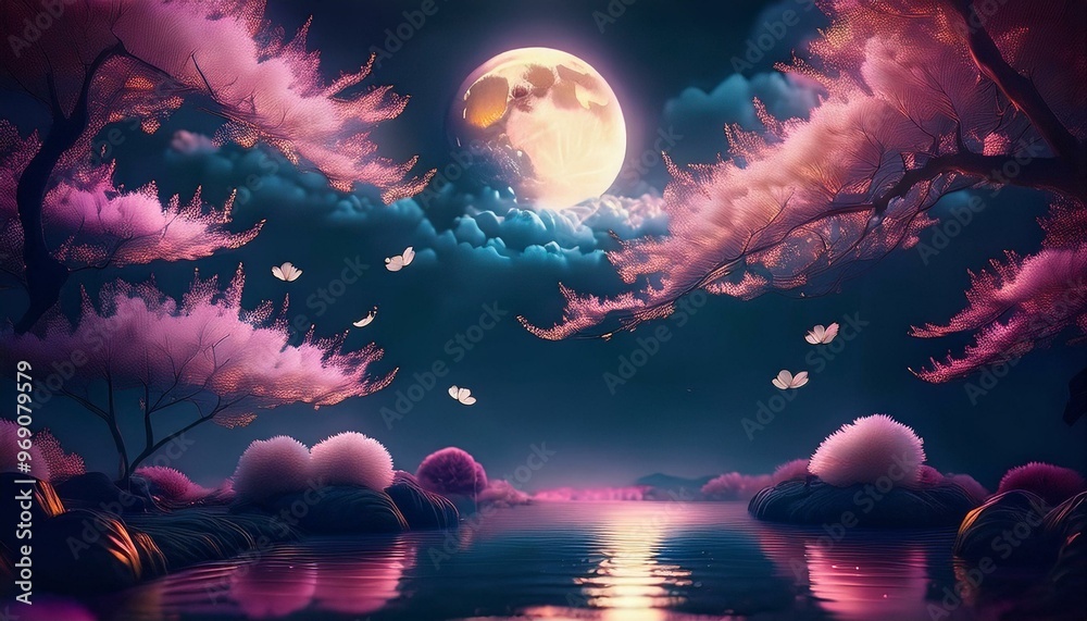 Night landscape moon with sakura trees