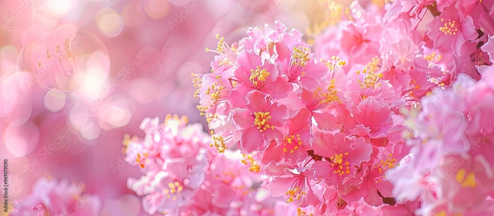Fototapeta premium Pink crape myrtle flowers are blooming beautifully in front of the home. with copy space image. Place for adding text or design