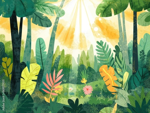 Whimsical forest scene in spring featuring sunbeams and vibrant greenery This 2D hand drawn illustration captures a playful jungle setting perfect for children s stories photo