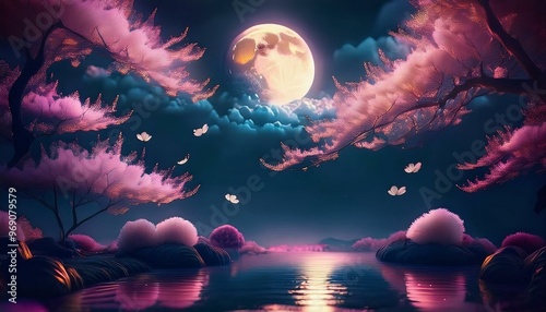 Obraz na płótnie Night landscape moon with sakura trees w salonie
