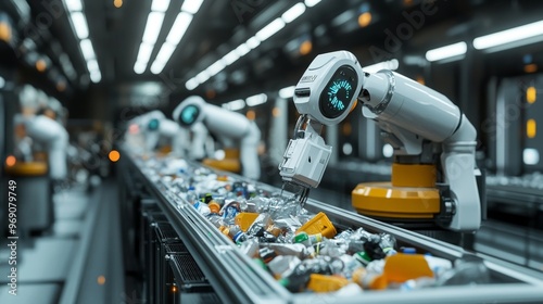 Futuristic autonomous waste management systems with AI sorting and recycling: Robotic waste management facilities turning trash into usable materials.