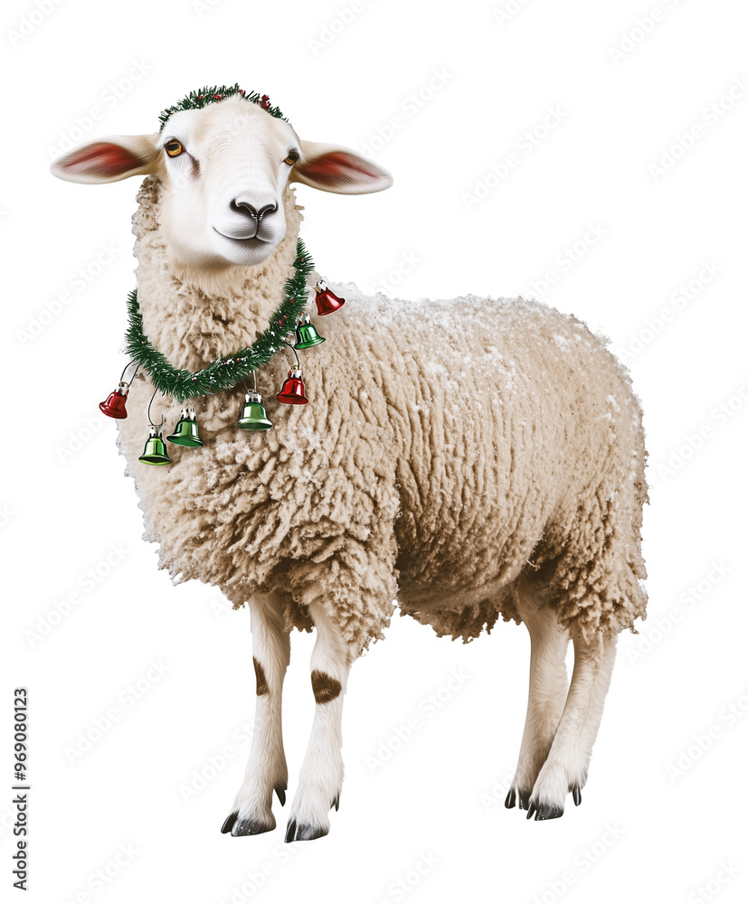 Fototapeta premium sheep with Christmas bell collar isolated on transparent background